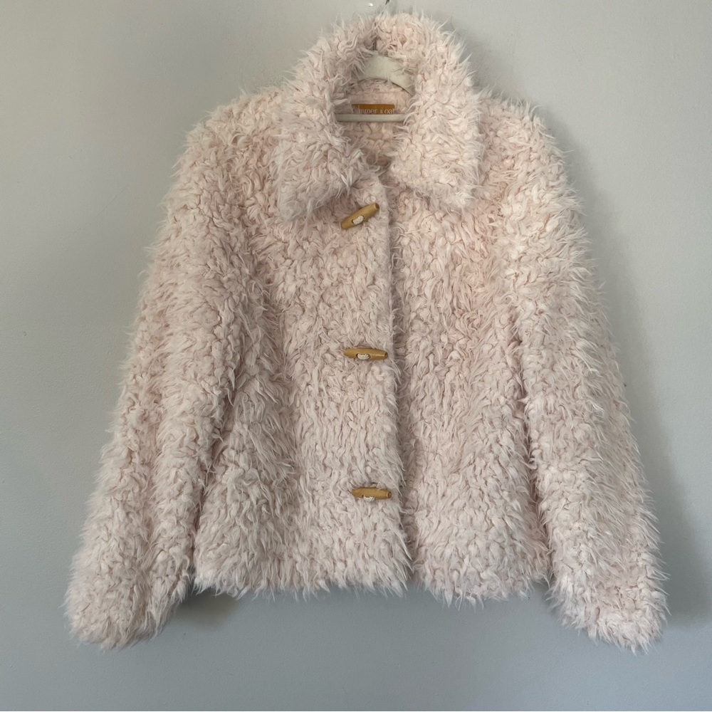 Emmer & Oat Cream/Pale Pink Toggle Cozy Fuzzy Faux Fur Coat • Size Small